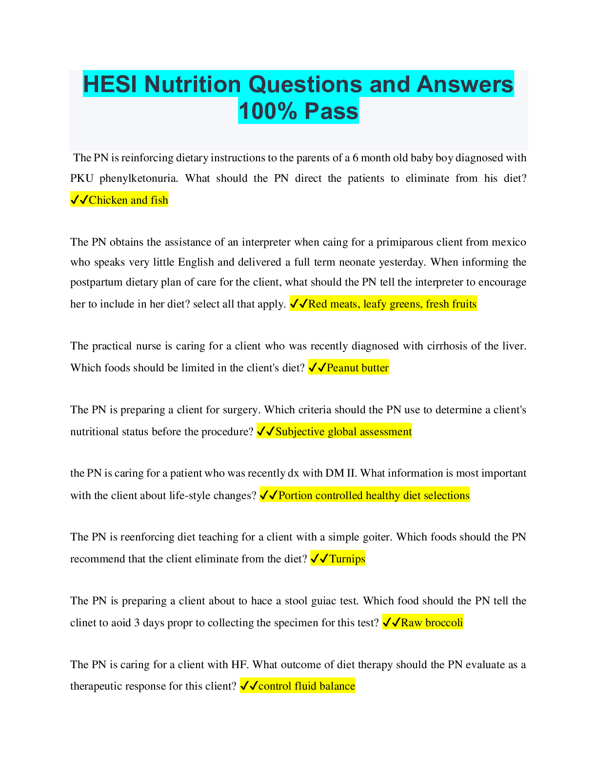 HESI Nutrition Questions and Answers 100 Pass Browsegrades